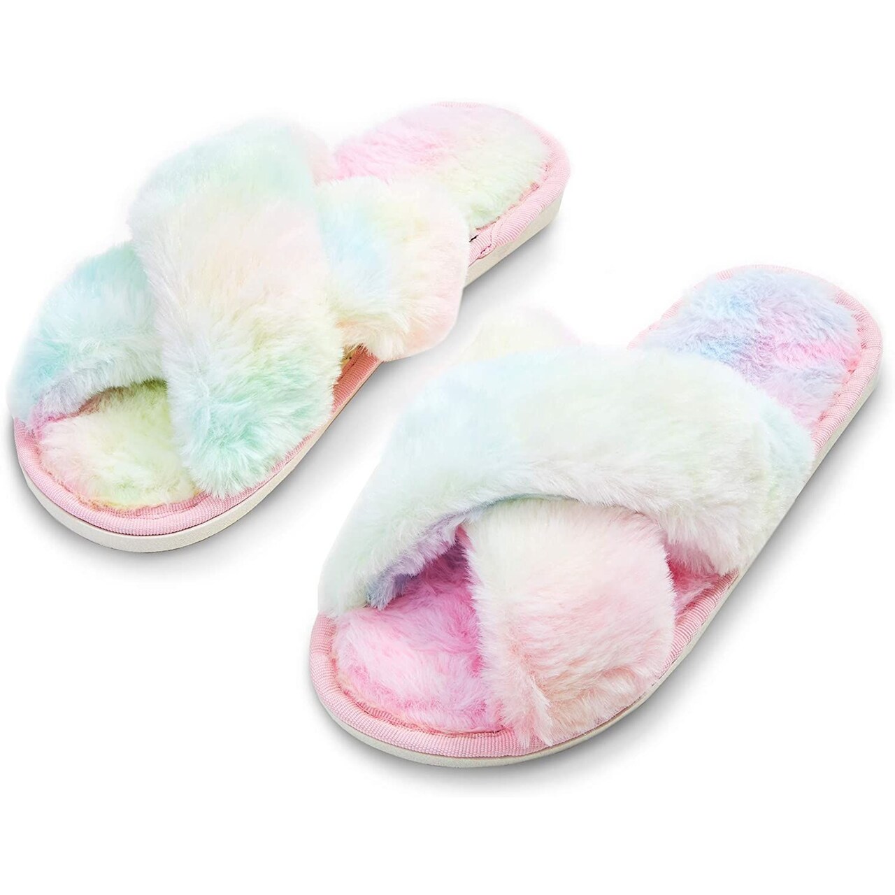 Fuzzy Cross Band Home Slippers, Soft Fluffy Plush Fleece Slip on House Slipper, Open Toe Indoor Shoes for Women, Cute Pastel Pink (Medium, US 8)